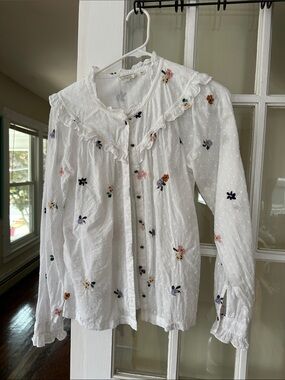 Fat Face White Swiss Dot Floral Button-Up Blouse